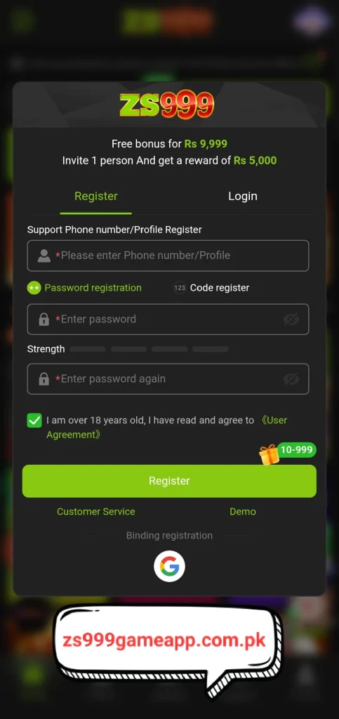 zs999 game registration screenshot